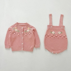 2024 Autumn Infant Baby Kids Girls Knitted Flowers Embroidery Pattern Cardigan and Onesies Clothing Sets Wholesale