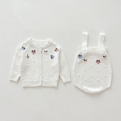 2024 Autumn Infant Baby Kids Girls Knitted Flowers Embroidery Pattern Cardigan and Onesies Clothing Sets Wholesale