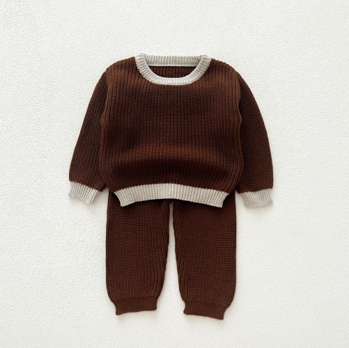 Simple and Versatile Two-Piece Set: Color Patchwork Knitted Top and Solid Color Pants for Baby and Toddlers Wholesale