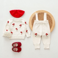 2024 Autumn Infant Baby Unisex Mushrooms Embroidery Pattern Long Sleeves Pullover With Strap Overalls Sets Wholesale