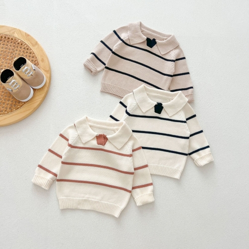 Infant Baby Unisex Turn-down Collar Long Sleeve Striped Knitted Pullover Sweater Wholesale