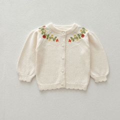 2024 Autumn Infant Baby Girls Flowers Embroidery Pattern Long Sleeves Beige Cardigan With Strap Bodysuit Onesies Sets Wholesale