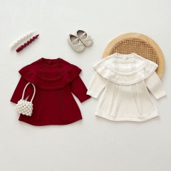 2024 Autumn New Arrival Simple Plain Infant Baby Kids Girls Knitted Solid Color Dress Wholesale