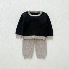 Simple and Versatile Two-Piece Set: Color Patchwork Knitted Top and Solid Color Pants for Baby and Toddlers Wholesale