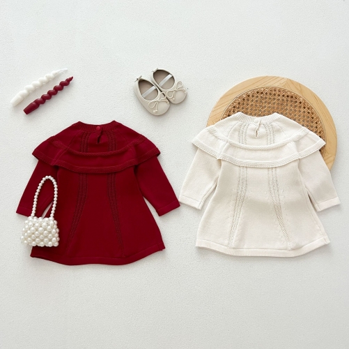 2024 Autumn New Arrival Simple Plain Infant Baby Kids Girls Knitted Solid Color Dress Wholesale