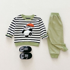 Casual and Versatile Two-Piece Set: Round Neck Striped Top and Green Pants for Baby and Toddlers Wholesale