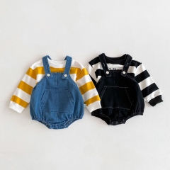 2024 Autumn Infant Baby Girls Denim Sleeveless Onesies With Casual Cartoon Pullover Sets Wholesale