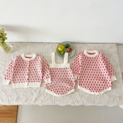 2024 Autumn Infant Baby Girls Geometric Pattern Long Sleeves Cardigan, Strap Bodysuit and Onesies Sets Wholesale