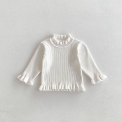 Infant Baby Girls Ruffle Neck Long Sleeve Solid Color Knitted Pullover Sweater Wholesale