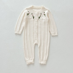 New Autumn Infant Baby Girls Simple Flowers Embroidery Pattern Long Sleeves Single Breasted Knitted Rompers Wholesale