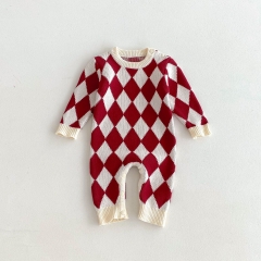 New Autumn Infant Baby Unisex Geometric Argyle Pattern Long Sleeves Knitted Rompers Wholesale