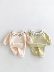 Cute and Versatile Two-Piece Set: Flowers Embroidered Collar Top and Solid Color Pants for Baby Girls and Toddlers Wholesale