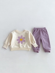 Cute and Versatile Two-Piece Set: Flowers Printed Top and Solid Color Pants for Baby Girls and Toddlers Wholesale