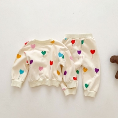 2024 Autumn Infant Baby Kids Cute Colorful Heart Print Long Sleeves Top + Trousers Casual Sets Wholesale