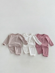 2024 Autumn Infant Baby Kids Simple Solid Color Long Sleeves Striped Top + Trousers Casual Sets Wholesale