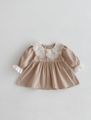 2024 Autumn Infant Baby Kids Girls Flowers Embroidered Long Sleeves Cute Dress Wholesale