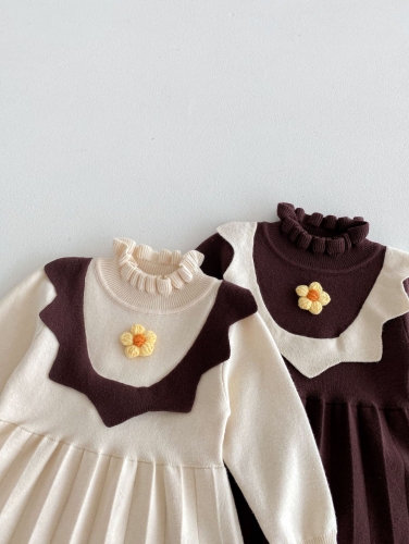 Infant Baby Girls Flower Embroidery One Piece Knitted Preppy Dress in Autumn Wholesale