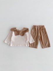 2024 Autumn Infant Baby Girls Color Patchwork Corduroy Long Sleeves Top + Trousers Clothing Sets Wholesale