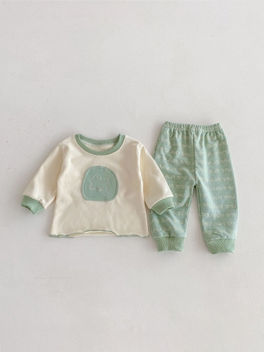 2024 Autumn Infant Baby Kids Cute Teddy and Letters Pattern Long Sleeves Top Pullover + Trousers Casual Sets Wholesale