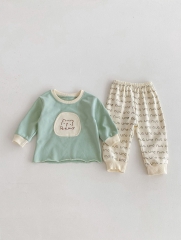 2024 Autumn Infant Baby Kids Cute Teddy and Letters Pattern Long Sleeves Top Pullover + Trousers Casual Sets Wholesale