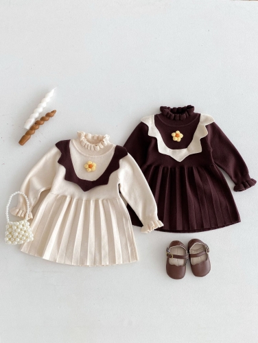 Infant Baby Girls Flower Embroidery One Piece Knitted Preppy Dress in Autumn Wholesale