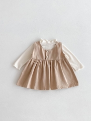 2024 Autumn Infant Baby Kids Girls Solid Color Knitted Long Sleeves Top With Plain Sleeveless Dress Sets Wholesale