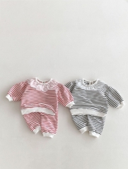 2024 Autumn Infant Baby Kids Cute Striped Pattern Long Sleeves Top Pullover + Trousers Casual Sets Wholesale