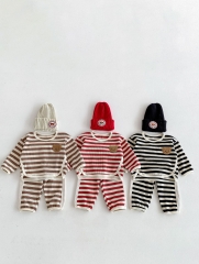 2024 Autumn Infant Baby Kids Cute Teddy and Striped Pattern Long Sleeves Top + Trousers Casual Sets Wholesale