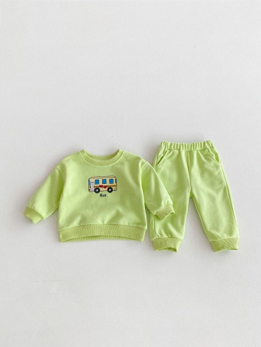 2024 Autumn Infant Baby Unisex Vehicle Pattern Long Sleeves Pullover With Pants Casual Sets Wholesale