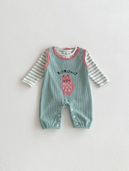 2024 Autumn Infant Baby Kids Girls Striped Long Sleeves Top With Sleeveless Overalls Cute Sets Wholesale