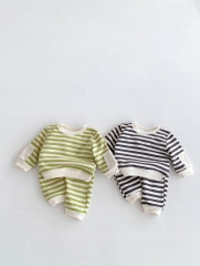 2024 Autumn Infant Baby Unisex Striped Pattern Long Sleeves Pullover With Pants Casual Sets Wholesale