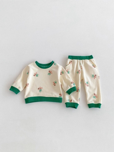 2024 Autumn Infant Baby Unisex Floral Pattern Long Sleeves Pullover With Pants Casual Sets Wholesale