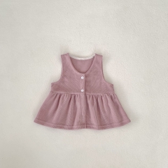 2024 Autumn Infant Baby Kids Girls Solid Color Knitted Long Sleeves Bodysuits With Plain Sleeveless Dress Sets Wholesale