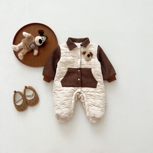 Infant Baby Unisex Versatile One Piece Cartoon Puppy Pattern Bodysuit Thick Rompers in Winter Wholesale