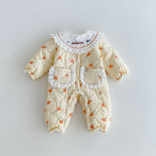 Infant Baby Girls Flowers Pattern One Piece Plaid Bodysuit Thick Rompers in Winter Wholesale