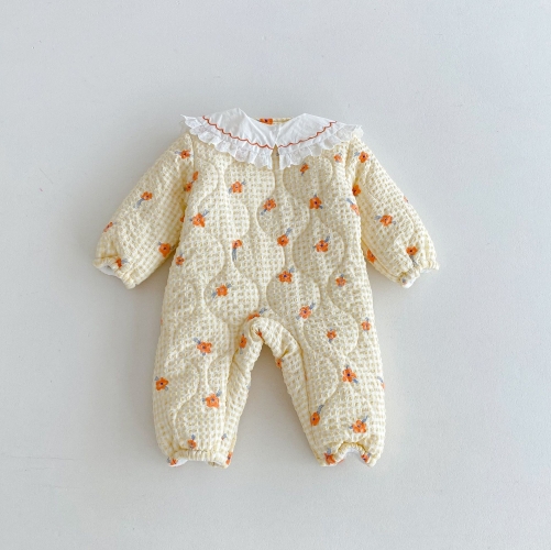 Infant Baby Girls Flowers Pattern One Piece Plaid Bodysuit Thick Rompers in Winter Wholesale