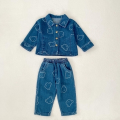 2025 Spring Infant Baby Unisex Teddy Pattern Long Sleeves Denim Coat With Pants Casual Sets Wholesale