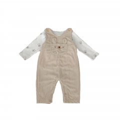 2025 Spring Infant Baby Unisex Teddy Bear Pattern Long Sleeves Top With Strap Overalls Sets Wholesale