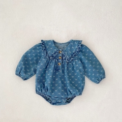 Infant Baby Girls Denim Butterfly-Bows Pattern Long-sleeved One Piece Bodysuit Onesies Wholesale