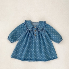 2025 Spring Infant Baby Kids Girls Butterfly-Bows Pattern Denim Long Sleeves Dress Wholesale