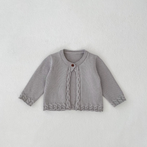 2025 Spring Infant Baby Unisex Lace Trim Long Sleeves Top With Knitted Cardigan and Strap Overalls Sets Wholesale