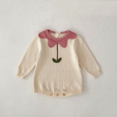 Infant Baby Girls Flowers Collar Long-sleeved One Piece Knitted Bodysuit Onesies Wholesale