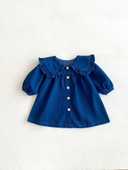 2025 Spring Infant Baby Kids Girls Denim Solid Color Blue Long Sleeves Dress Wholesale