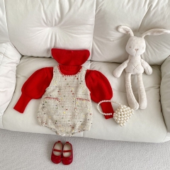 2025 Spring Infant Baby Girls Red Knitted Long Sleeves Top With Colorful Dots Pattern Sleeveless Onesies Sets Wholesale