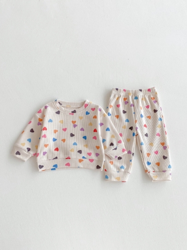 Spring Infant Baby Kids Colorful Heart Print Long Sleeves Waffle Grid Top + Trousers Casual Sets Wholesale