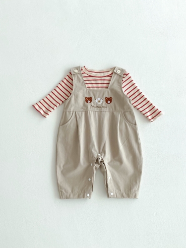 2025 Spring Infant Baby Girls Striped Long Sleeves Top With Cartoon Teddy Bear Pattern Strap Overalls Sets Wholesale