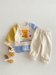 Spring Infant Baby Girls Cartoon Teddy Bear Pattern Long Sleeves Casual Top + Pants Cute Sets Wholesale