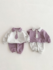 Spring Infant Baby Kids Preppy Style Pattern Turn-down Collar Long Sleeves Casual Top + Pants Sets Wholesale