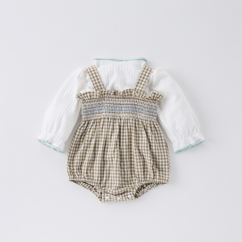 2025 Spring Infant Baby Girls White Long Sleeves Top With Plaid Pattern Sleeveless Onesies Sets Wholesale