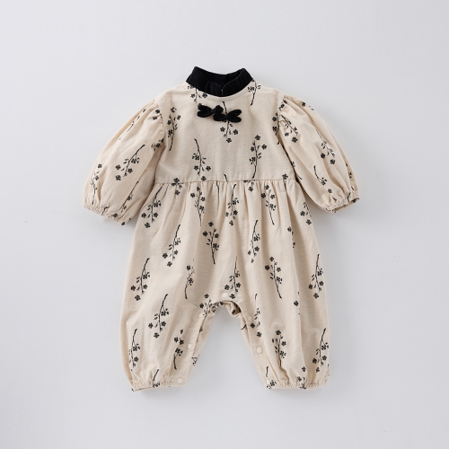 Infant Baby Girls Vintage Flowers Pattern Long-sleeved Stand Collar One Piece Rompers Wholesale